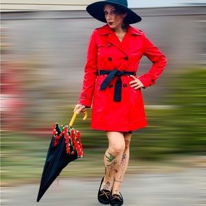 Dkny red nylon rain coat felt lining mini trench slicker